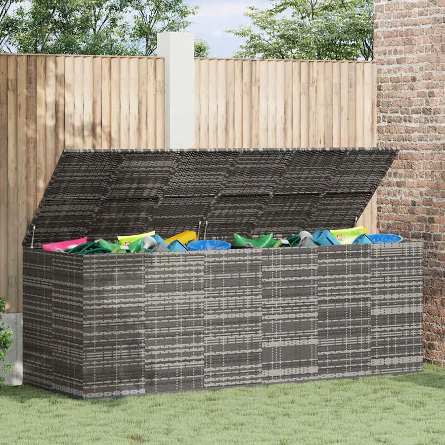 Boîte à coussins de jardin Résine tressée 291x100,5x104 cm Gris