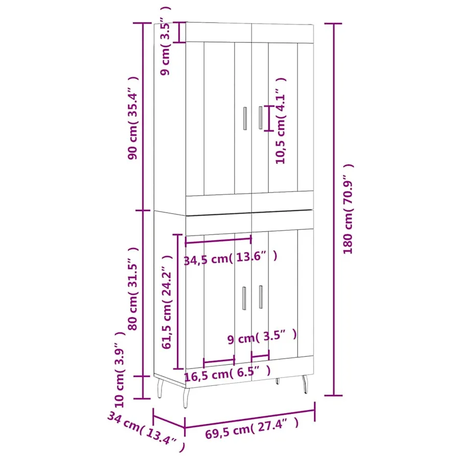 Buffet haut Sonoma gris 69,5x34x180 cm Bois d'ingénierie - 13