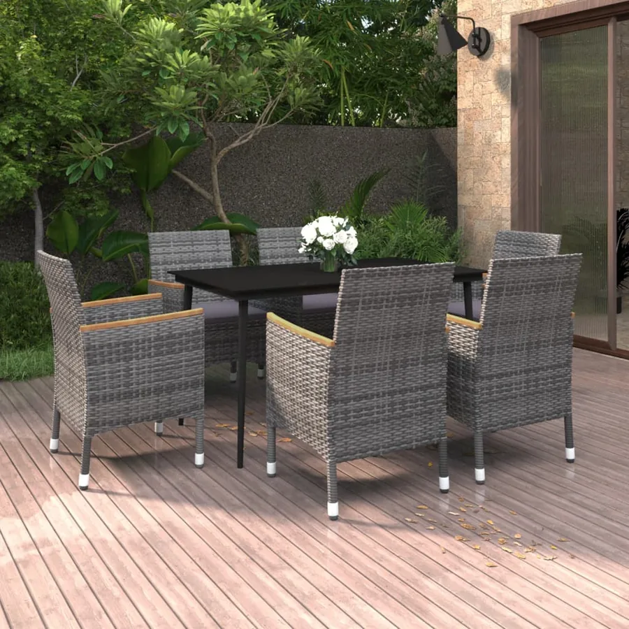 Ensemble à manger de jardin coussins 7 pcs Résine tressée Verre