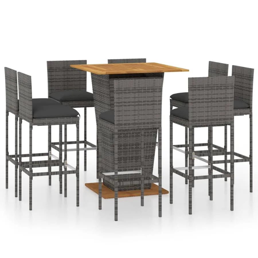 Ensemble de bar de jardin 9 pcs et coussins Résine tressée Gris - 2