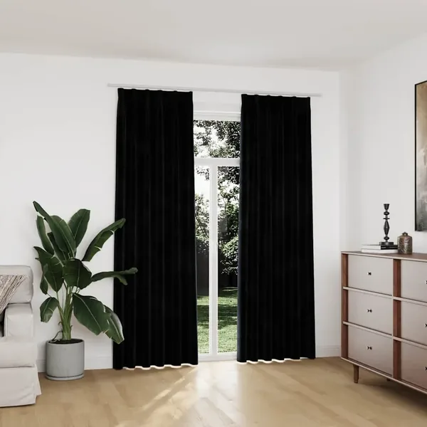 Rideaux occultants avec crochets 2 pcs Velours Noir 140x225 cm