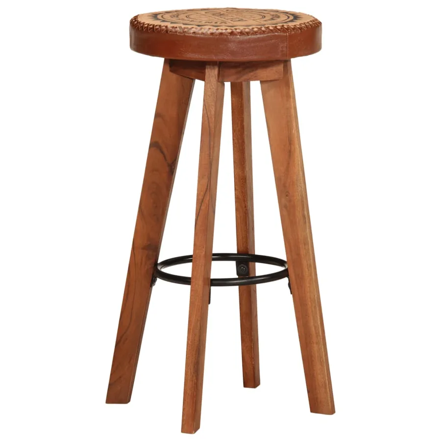 Tabourets de bar 2 pcs Cuir véritable et bois d'acacia solide - 2