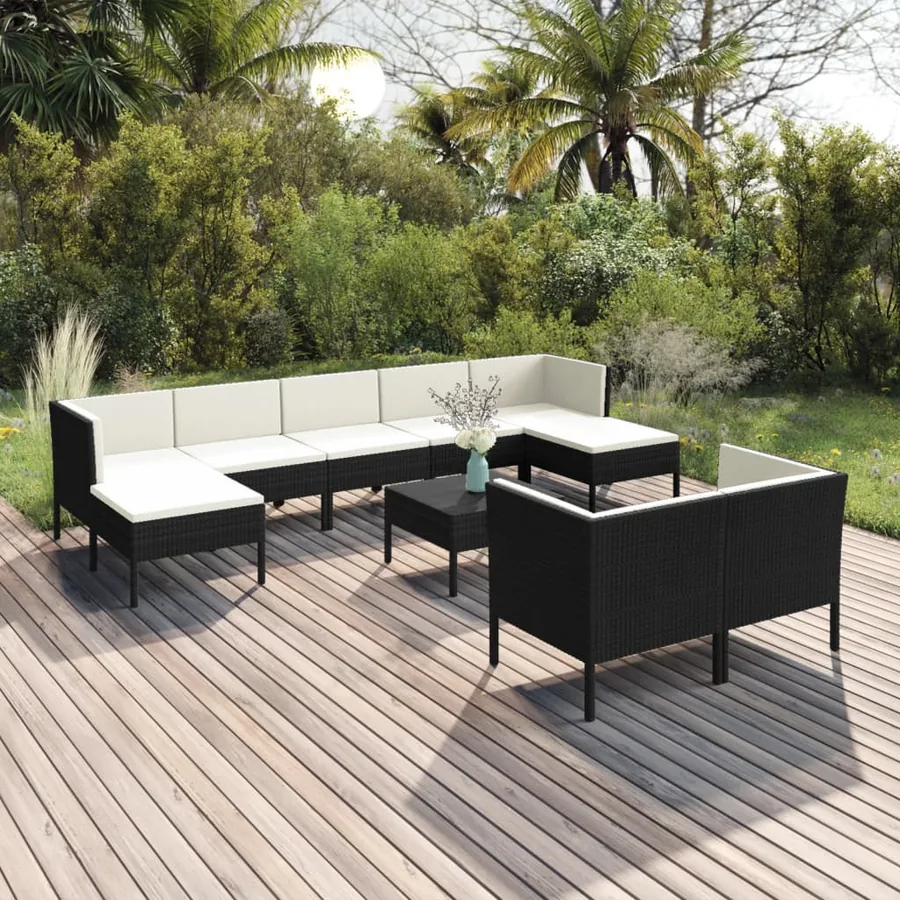 Salon de jardin 10 pcs avec coussins Résine tressée Noir