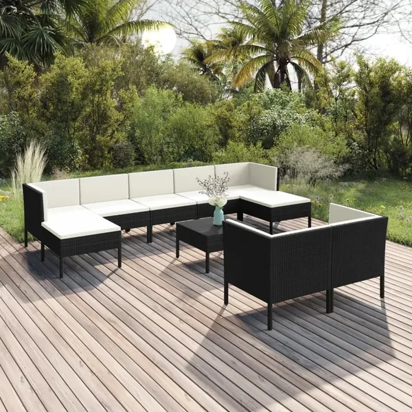 Salon de jardin 10 pcs avec coussins Résine tressée Noir