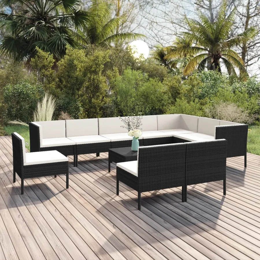 Salon de jardin 11 pcs avec coussins Résine tressée Noir