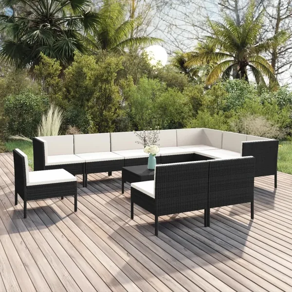 Salon de jardin 11 pcs avec coussins Résine tressée Noir