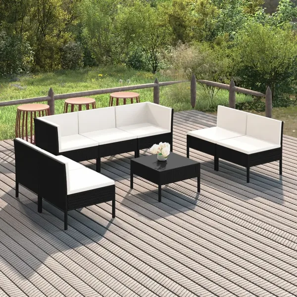 Salon de jardin 8 pcs avec coussins résine tressée noir
