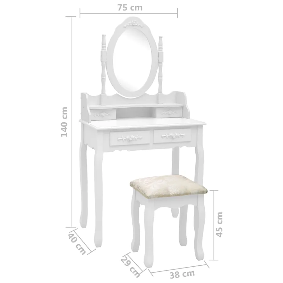 Ensemble de coiffeuse avec tabouret Blanc 75x69x140cm Paulownia - 11