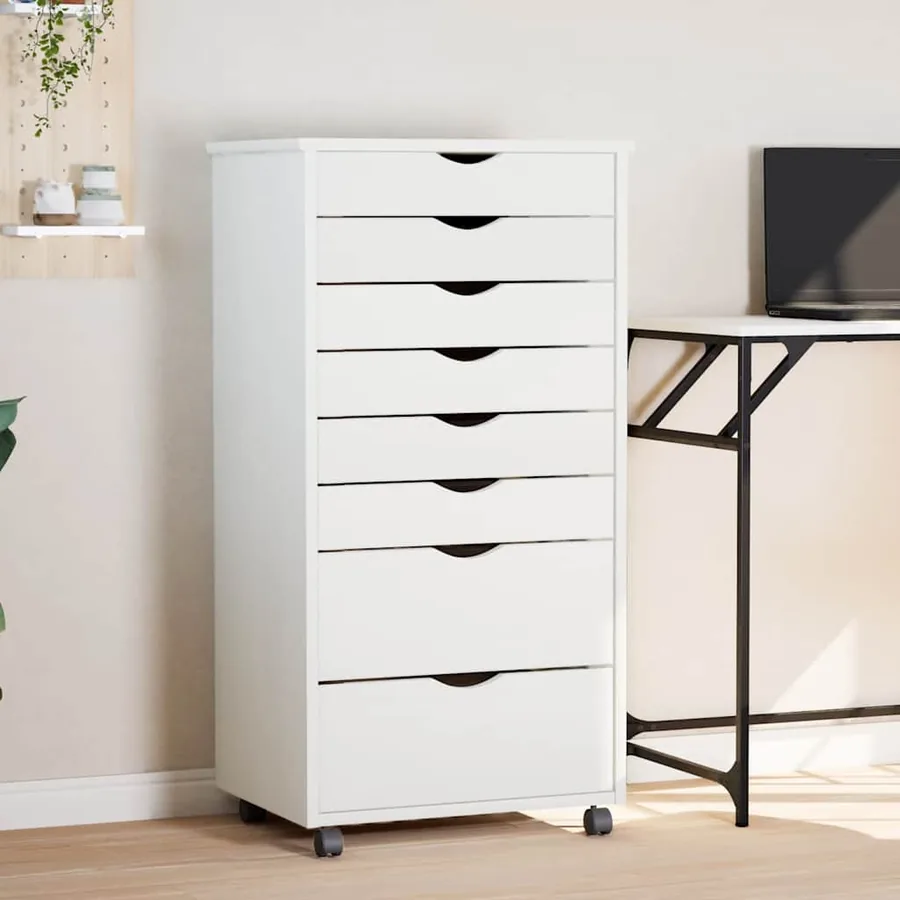 Armoire roulante avec tiroirs MOSS blanc bois de pin solide