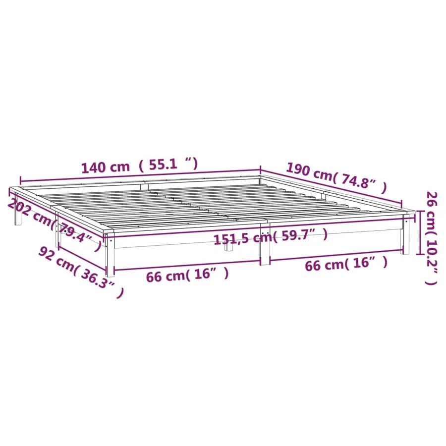 Cadre de lit à LED sans matelas noir 140x190 cm bois massif - 13