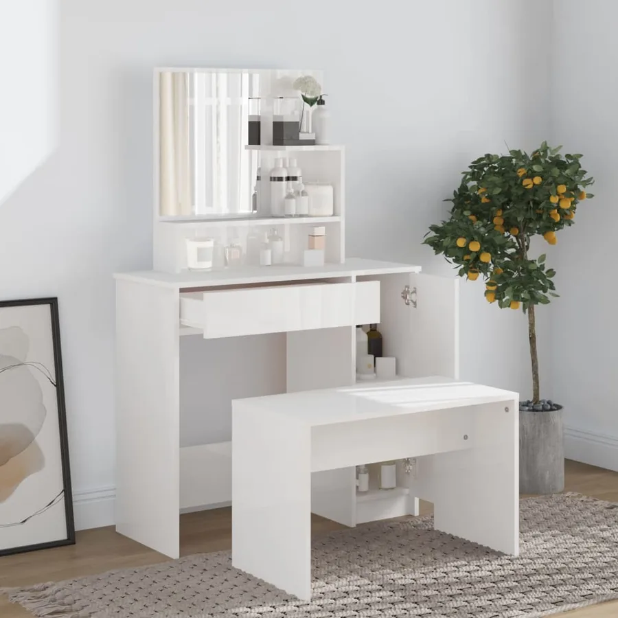 Coiffeuse avec miroir blanc brillant 86,5x35x136 cm - 3