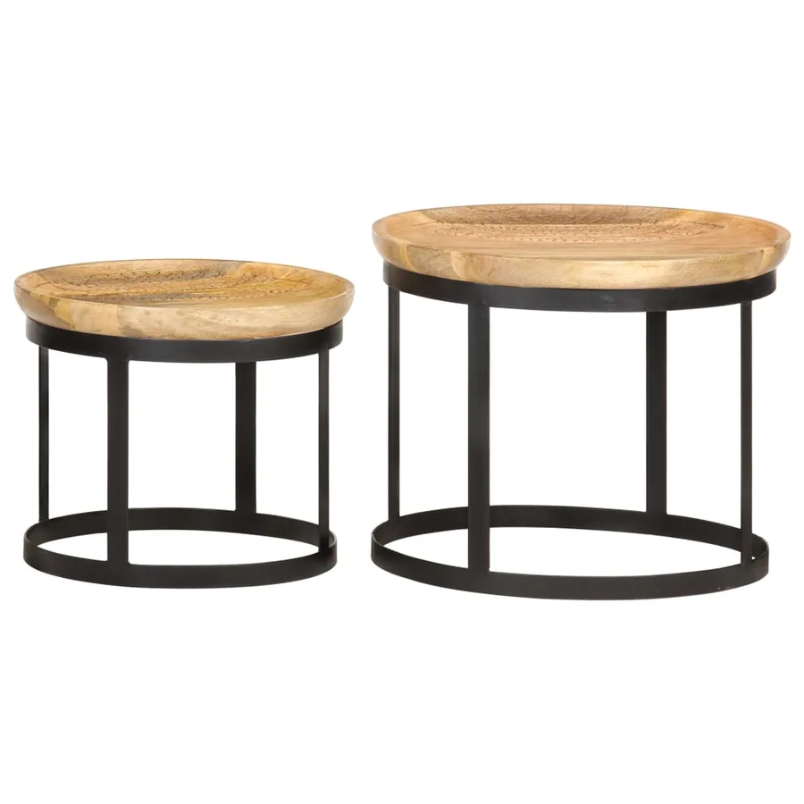 Tables d'appoint rondes 2 pcs Bois de manguier solide et acier - 10