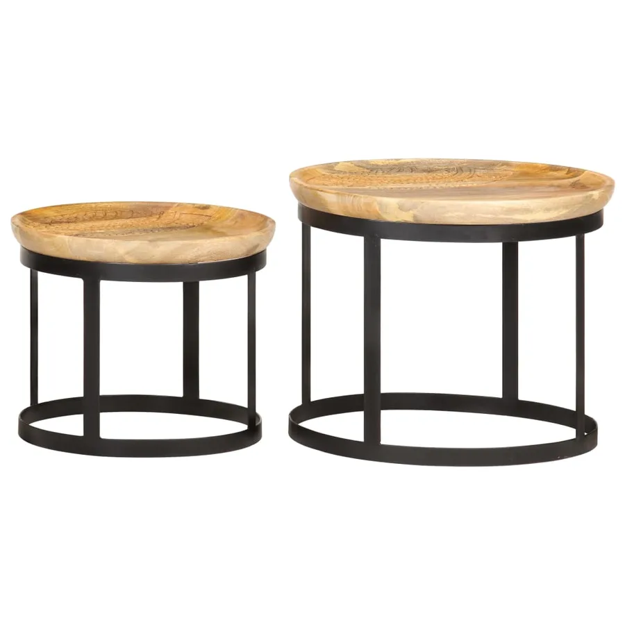 Tables d'appoint rondes 2 pcs Bois de manguier solide et acier - 11