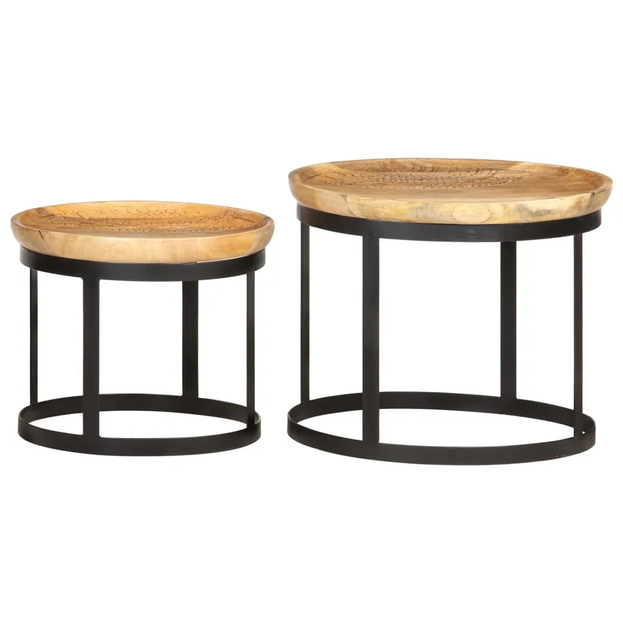Tables d'appoint rondes 2 pcs Bois de manguier solide et acier - 13