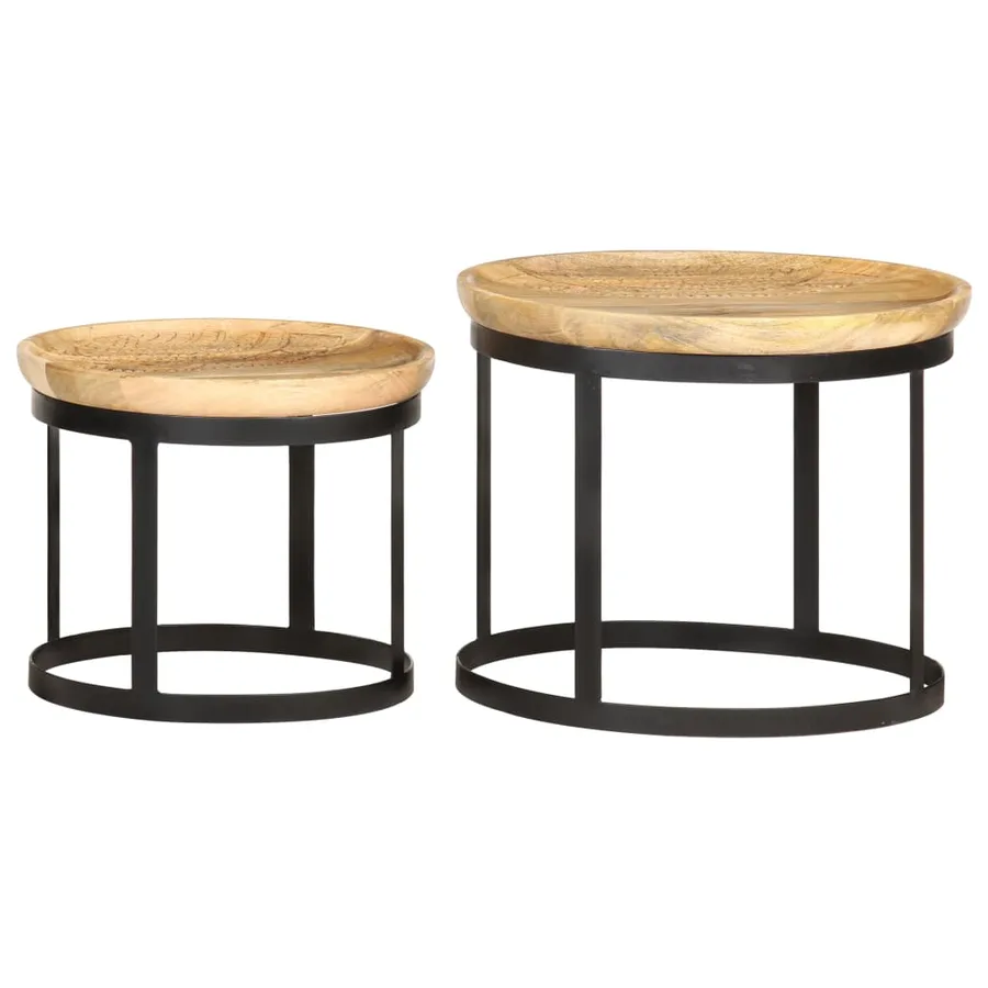 Tables d'appoint rondes 2 pcs Bois de manguier solide et acier - 3