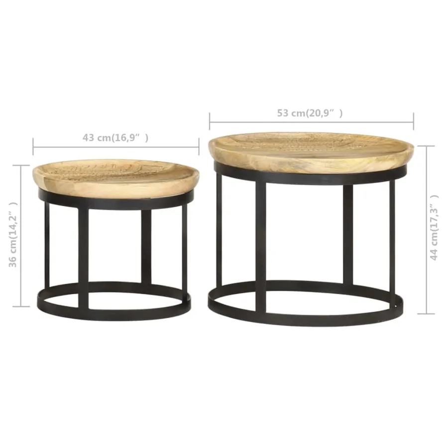 Tables d'appoint rondes 2 pcs Bois de manguier solide et acier - 9