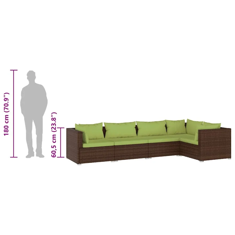 Salon de jardin 5 pcs avec coussins résine tressée marron - 8