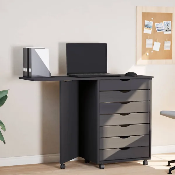 Armoire roulante avec bureau MOSS gris bois de pin solide