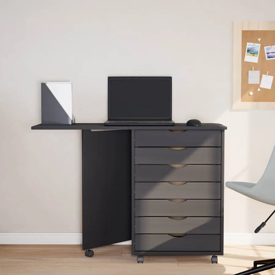 Armoire roulante avec bureau MOSS gris bois de pin solide - 3