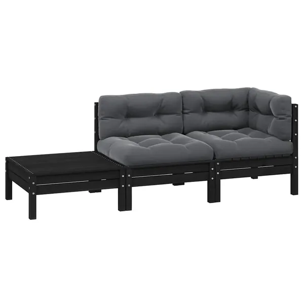 Salon de jardin 3 pcs avec coussins Noir Bois de pin massif