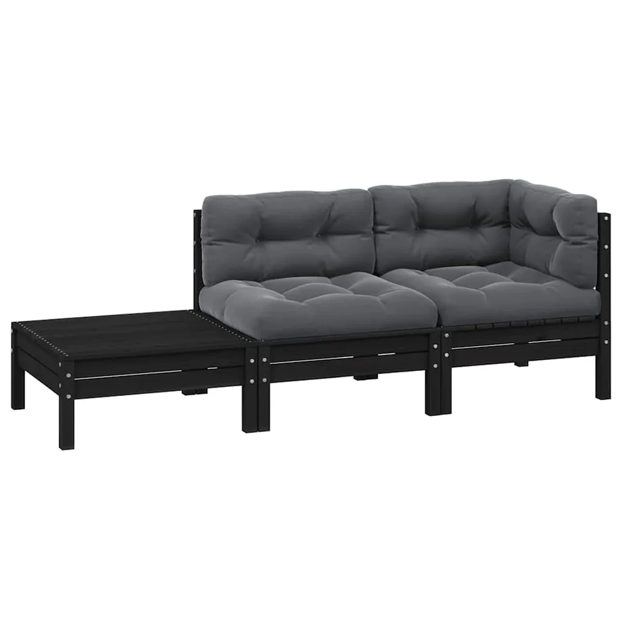Salon de jardin 3 pcs avec coussins Noir Bois de pin massif - 2