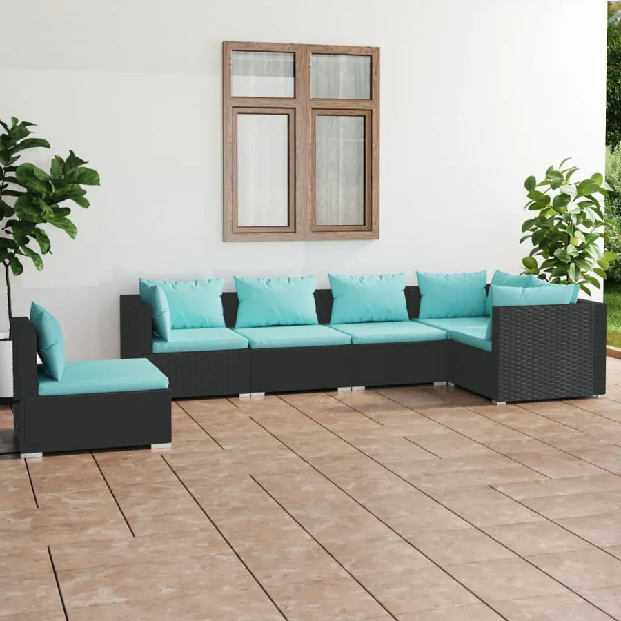 Salon de jardin 6 pcs avec coussins Résine tressée Noir