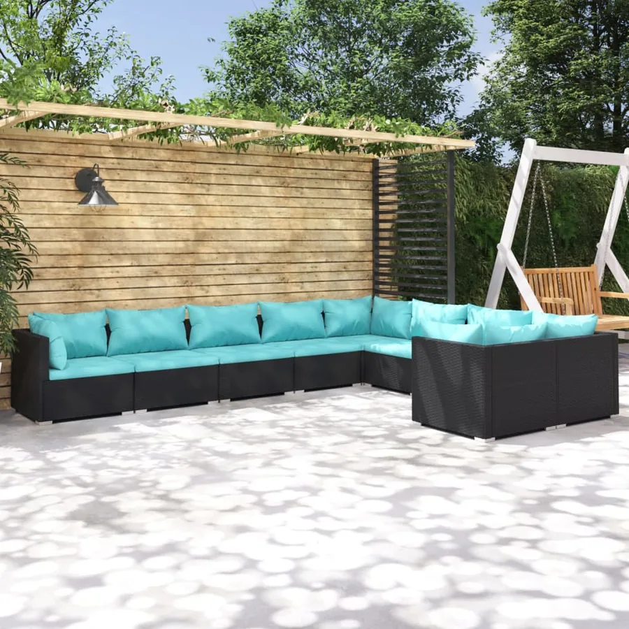 Salon de jardin 9 pcs avec coussins Résine tressée Noir