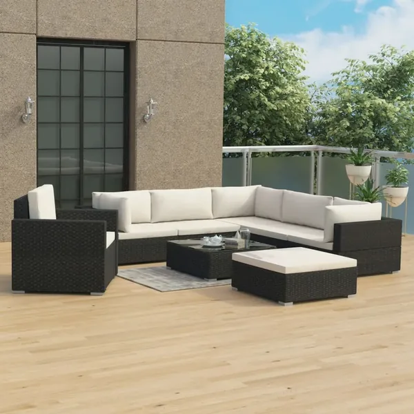 Salon de jardin 8 pcs avec coussins résine tressée noir
