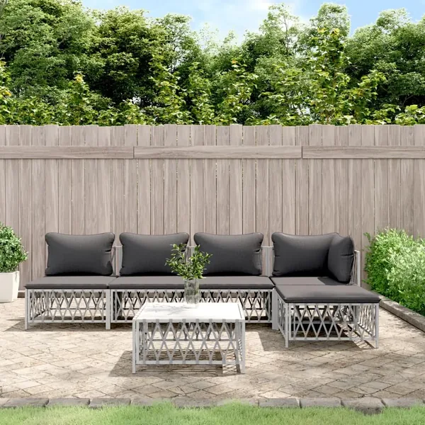 Salon de jardin avec coussins 6 pcs blanc acier