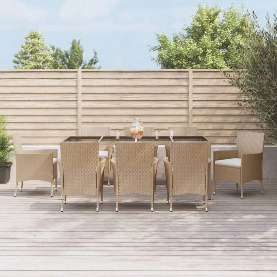 Ensemble à manger de jardin et coussins 9 pcs beige Poly rotin