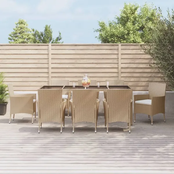 Ensemble à manger de jardin et coussins 9 pcs beige Poly rotin