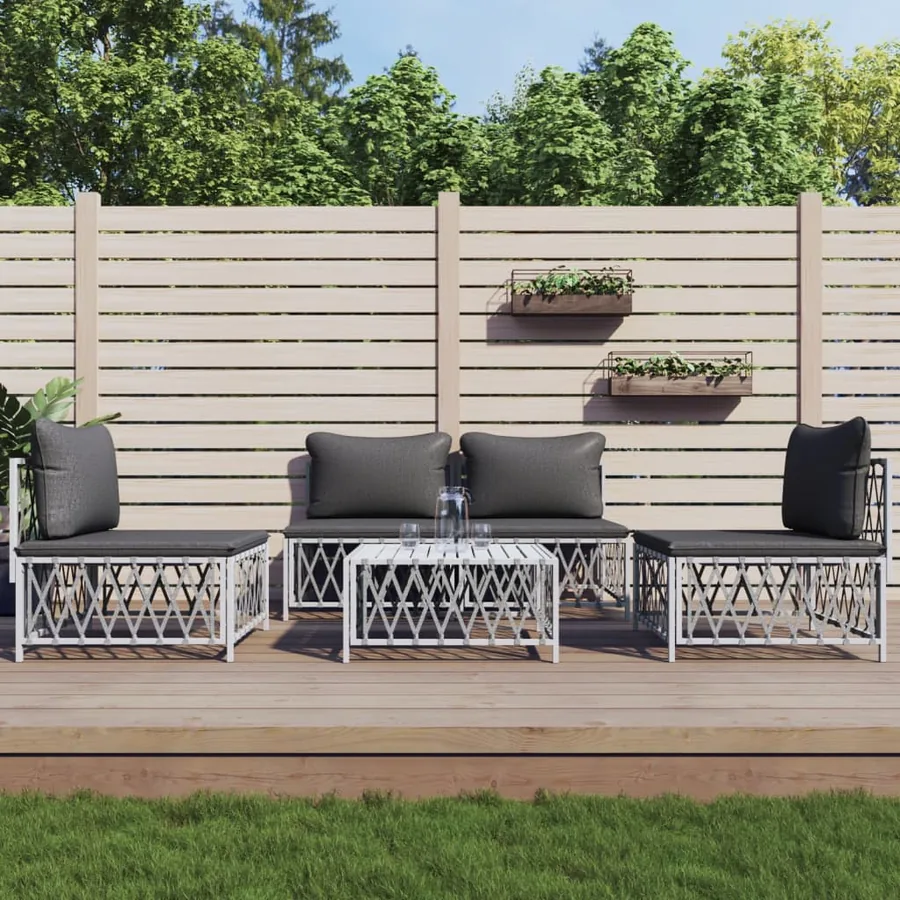 Salon de jardin avec coussins 5 pcs blanc acier