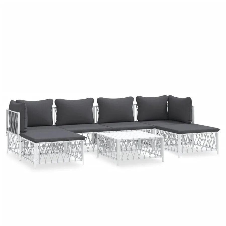 Salon de jardin 7 pcs avec coussins blanc acier - 2