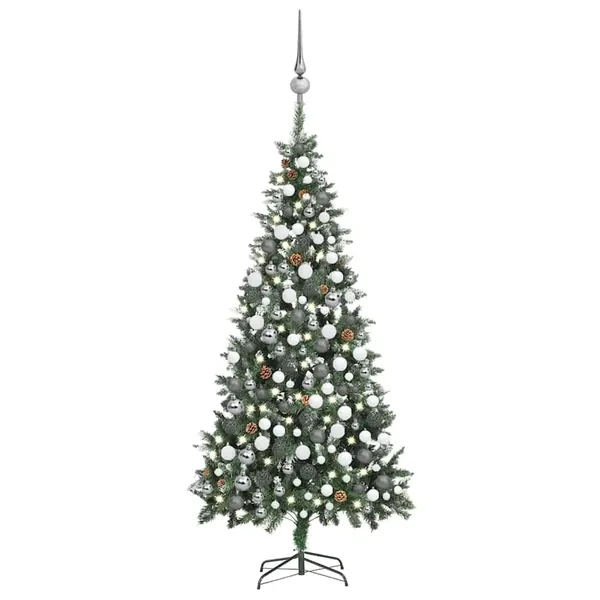 Arbre de Noël artificiel pré-éclairé/boules pommes de pin 210cm