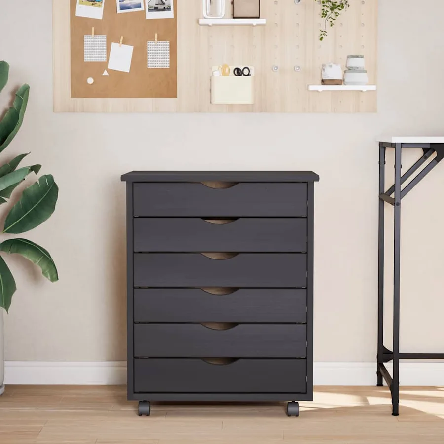Armoire roulante avec tiroirs MOSS gris bois de pin solide - 3