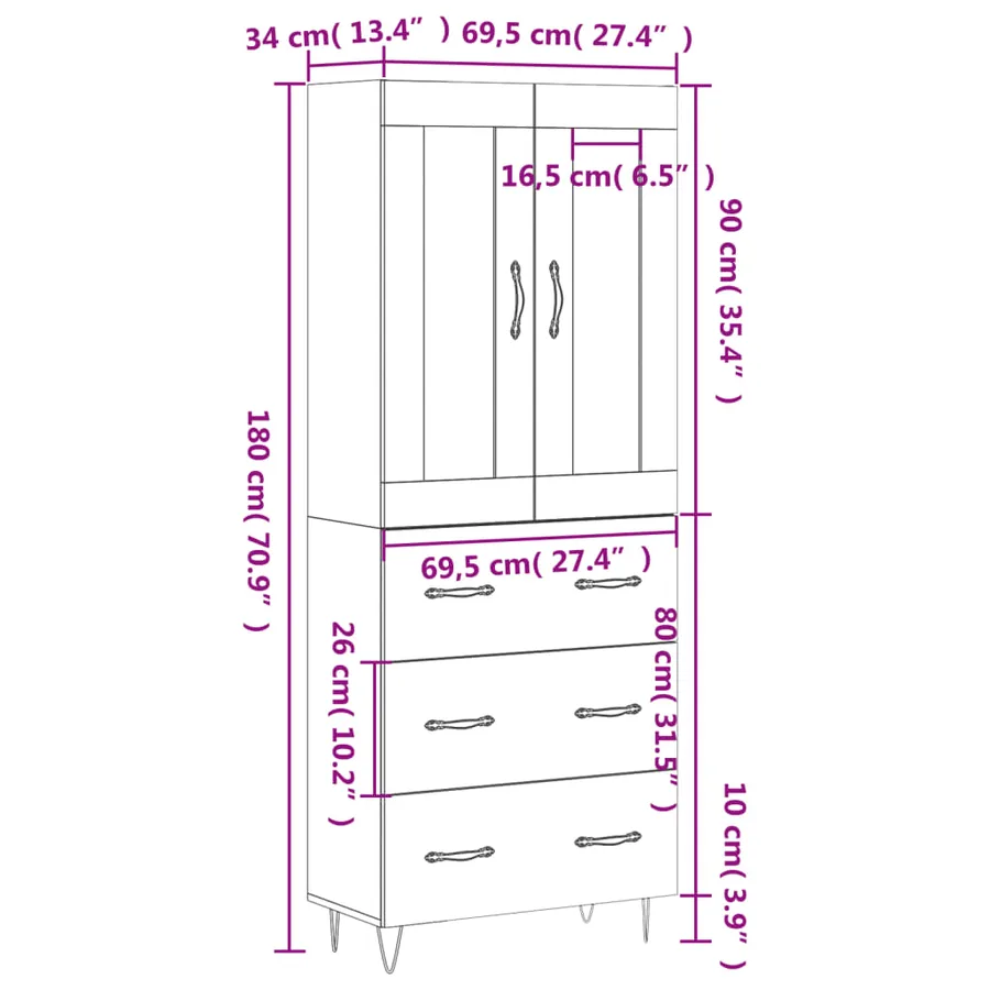Buffet haut Blanc 69,5x34x180 cm Bois d'ingénierie - 14