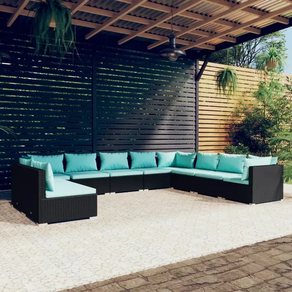 Salon de jardin 10 pcs avec coussins noir résine tressée