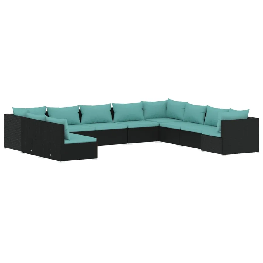 Salon de jardin 10 pcs avec coussins noir résine tressée - 2