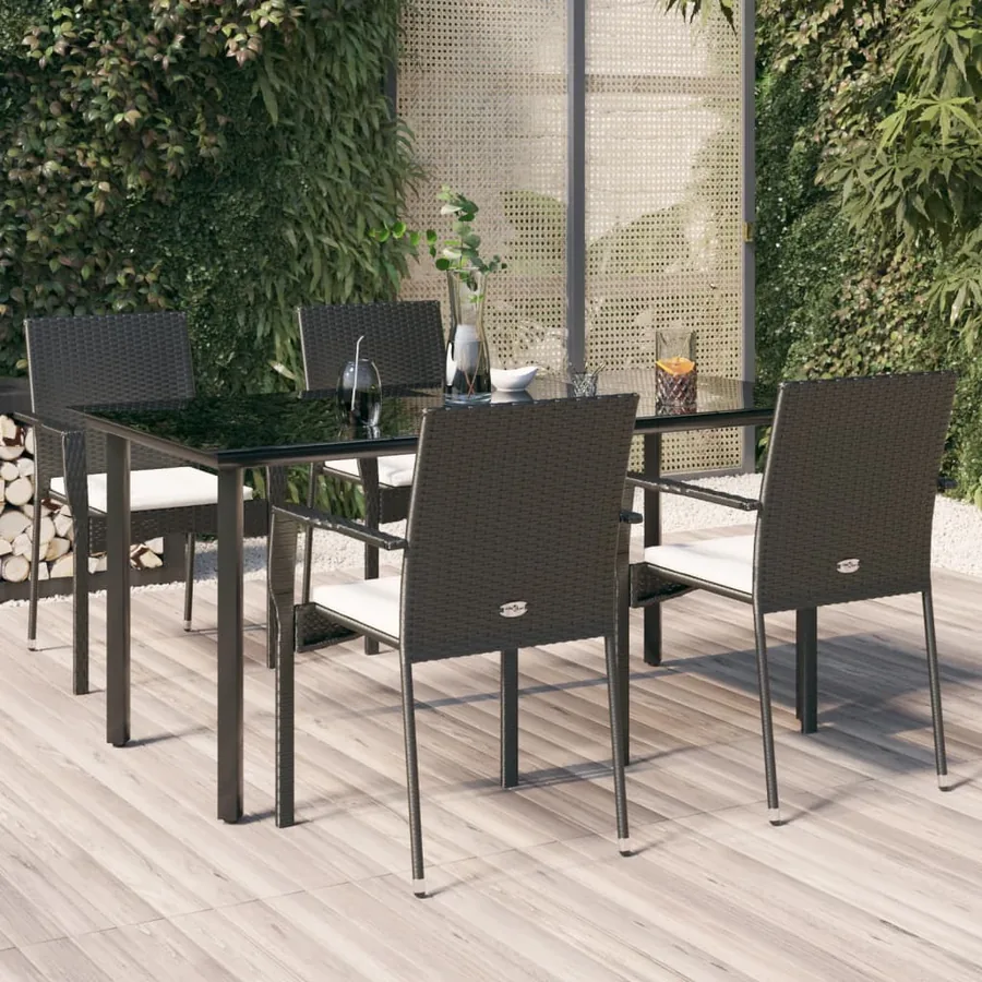 Ensemble à manger de jardin coussins 5pcs Noir Résine tressée