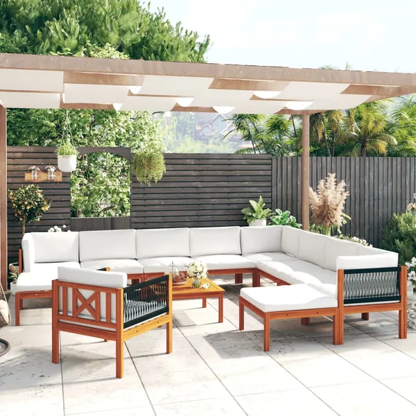 Salon de jardin 12 pièces avec coussins, bois d'acacia crème et corde