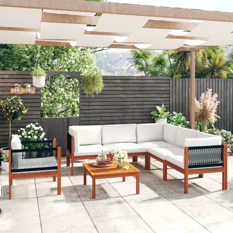 Salon de jardin 7 pièces avec coussins, bois d'acacia crème et corde
