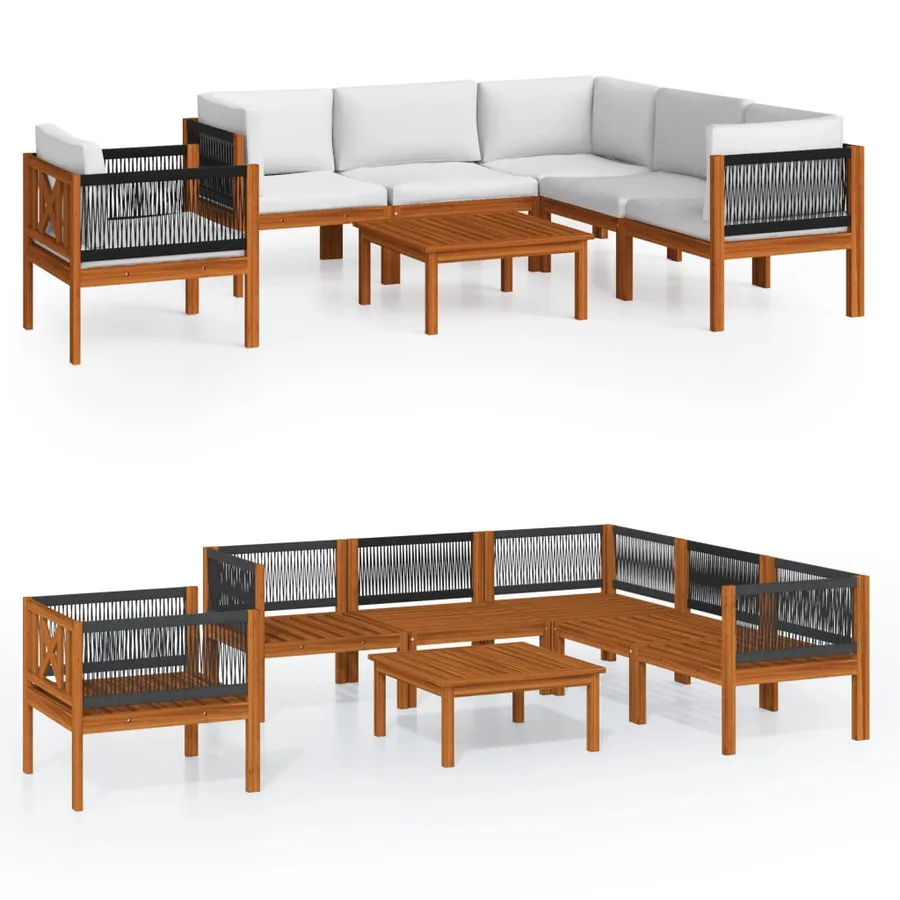 Salon de jardin 7 pièces avec coussins, bois d'acacia crème et corde - 2
