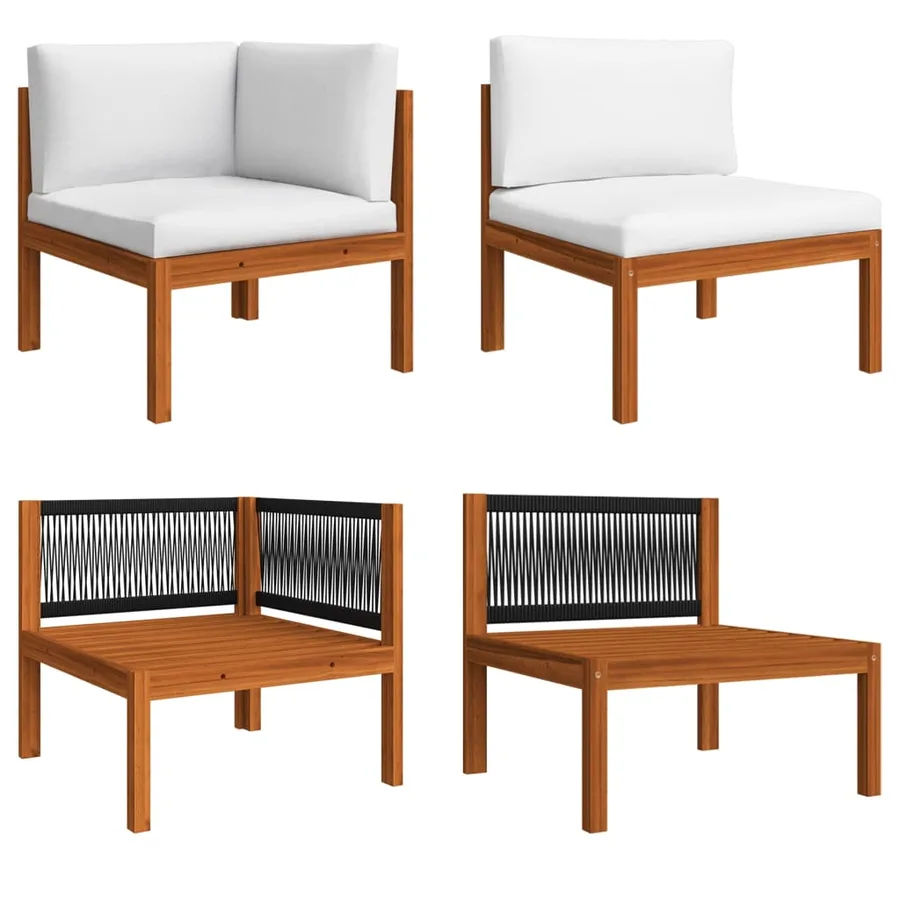 Salon de jardin 7 pièces avec coussins, bois d'acacia crème et corde - 4