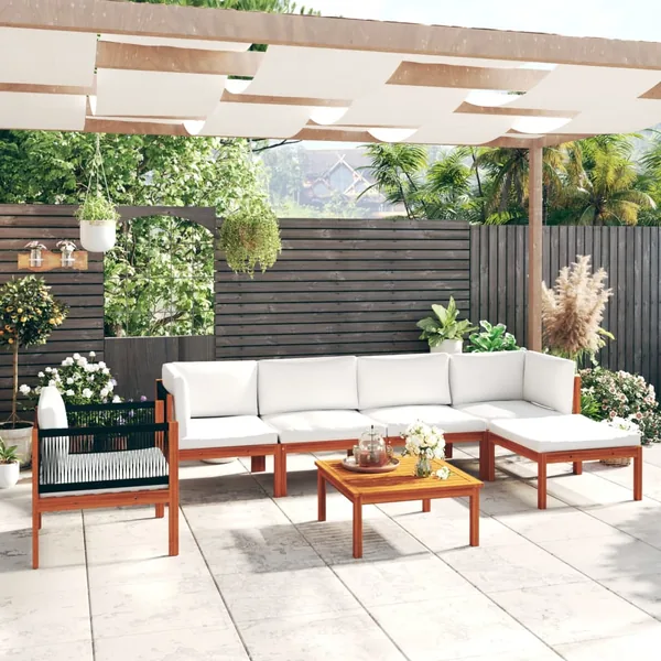 Salon de jardin 7 pièces avec coussins, bois d'acacia crème et corde