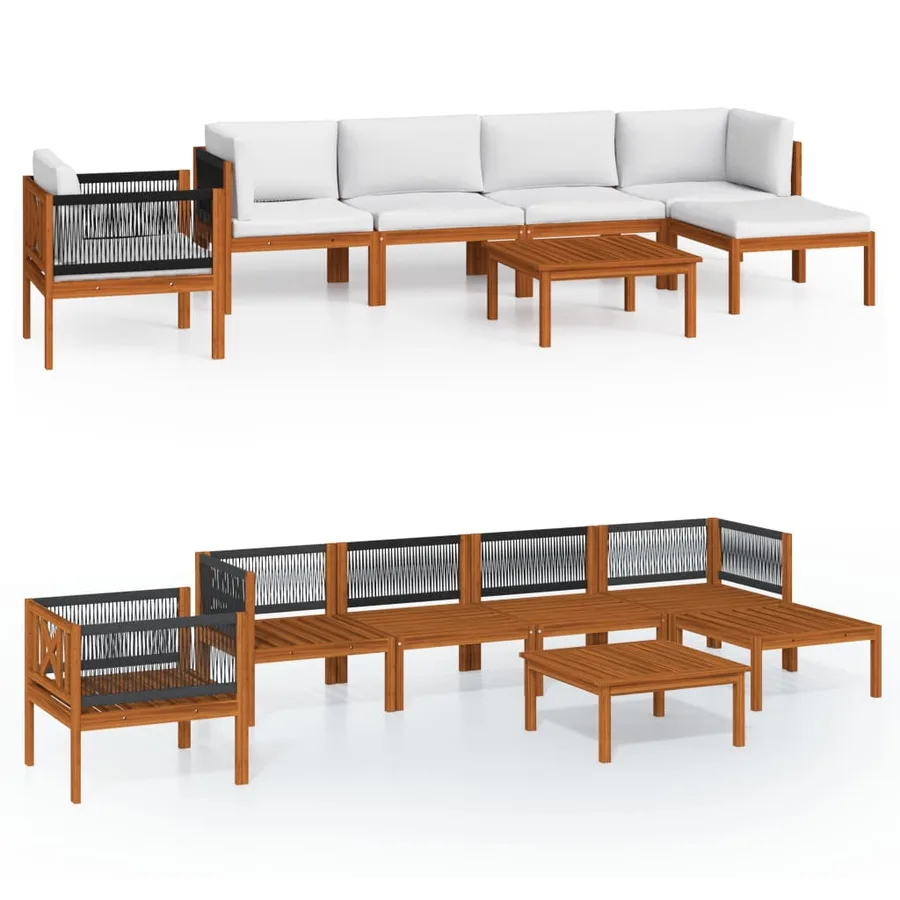 Salon de jardin 7 pièces avec coussins, bois d'acacia crème et corde - 2
