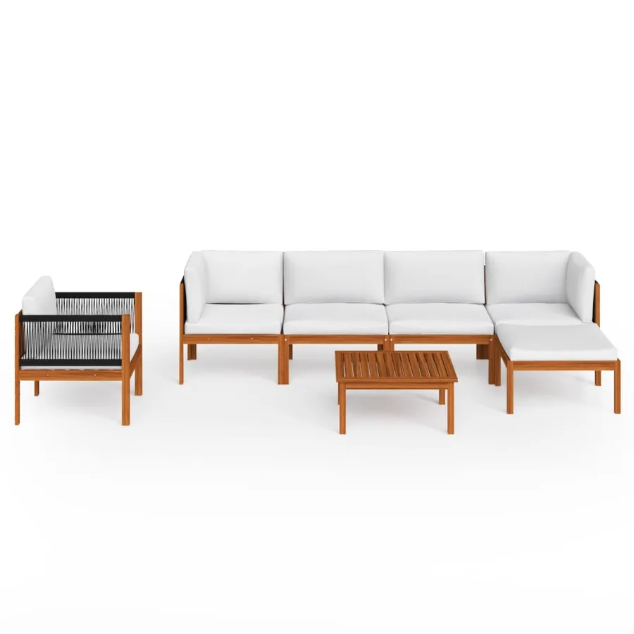Salon de jardin 7 pièces avec coussins, bois d'acacia crème et corde - 3