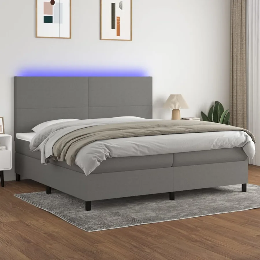 Sommier à lattes de lit et matelas et LED Gris foncé 200x200 cm