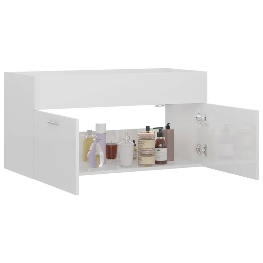 Armoire d'évier Blanc brillant 90x38,5x46 cm Bois d’ingénierie - 4