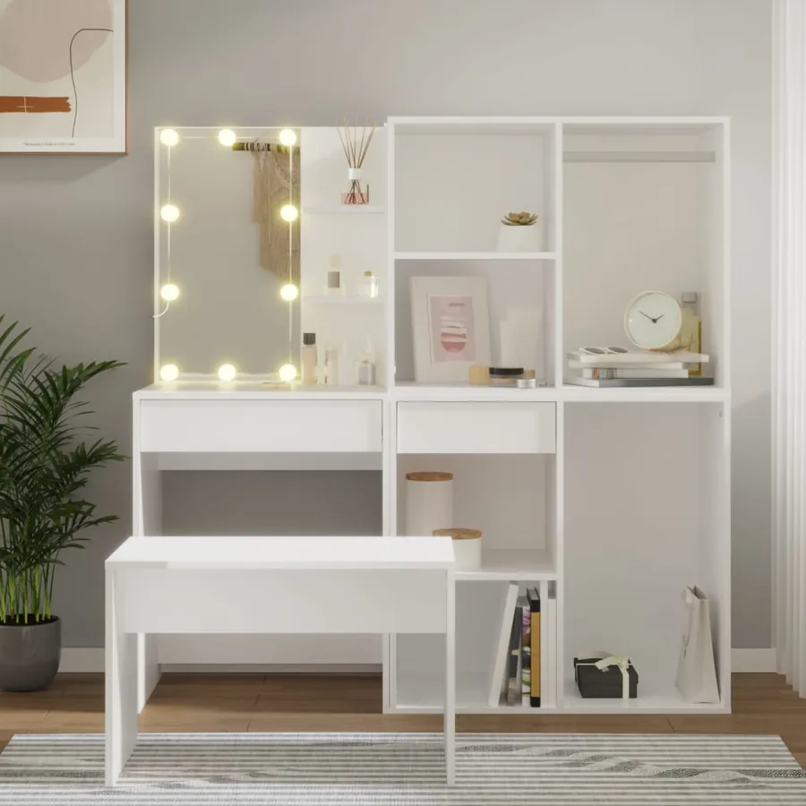 Ensemble de coiffeuse avec LED Blanc Bois d'ingénierie