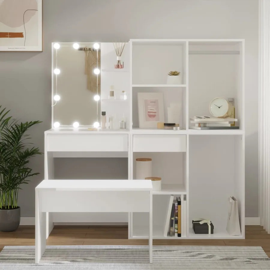 Ensemble de coiffeuse avec LED Blanc Bois d'ingénierie - 3